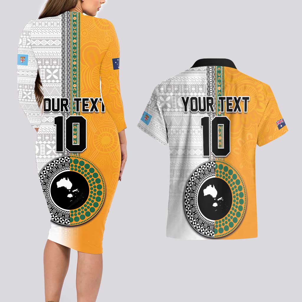 Custom Fiji and Australia Rugby Couples Matching Long Sleeve Bodycon Dress and Hawaiian Shirt Aboriginal and Fijian Masi Pattern LT03 - Polynesian Pride