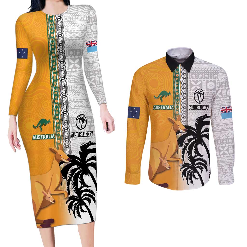 Custom Fiji and Australia Rugby Couples Matching Long Sleeve Bodycon Dress and Long Sleeve Button Shirt Aboriginal and Fijian Masi Pattern LT03 White - Polynesian Pride
