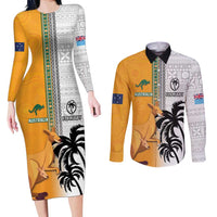 Custom Fiji and Australia Rugby Couples Matching Long Sleeve Bodycon Dress and Long Sleeve Button Shirt Aboriginal and Fijian Masi Pattern LT03 White - Polynesian Pride