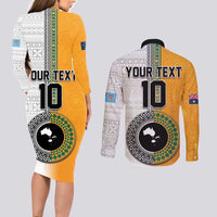 Custom Fiji and Australia Rugby Couples Matching Long Sleeve Bodycon Dress and Long Sleeve Button Shirt Aboriginal and Fijian Masi Pattern LT03 - Polynesian Pride