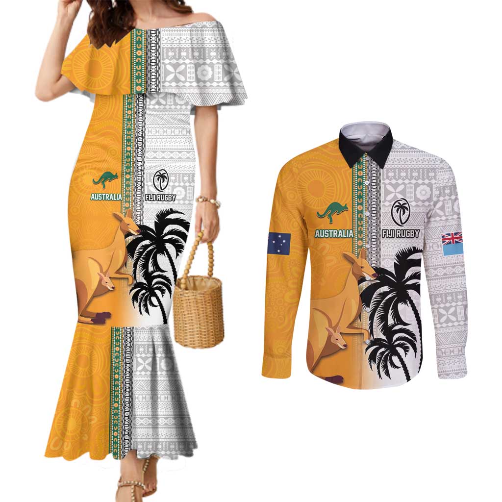 Custom Fiji and Australia Rugby Couples Matching Mermaid Dress and Long Sleeve Button Shirt Aboriginal and Fijian Masi Pattern LT03 White - Polynesian Pride