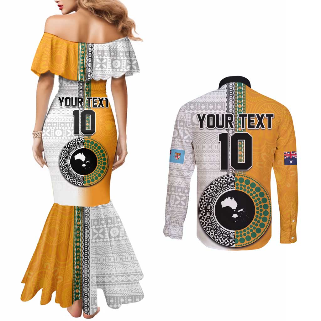 Custom Fiji and Australia Rugby Couples Matching Mermaid Dress and Long Sleeve Button Shirt Aboriginal and Fijian Masi Pattern LT03 - Polynesian Pride