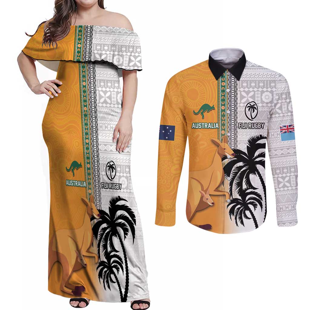 Custom Fiji and Australia Rugby Couples Matching Off Shoulder Maxi Dress and Long Sleeve Button Shirt Aboriginal and Fijian Masi Pattern LT03 White - Polynesian Pride