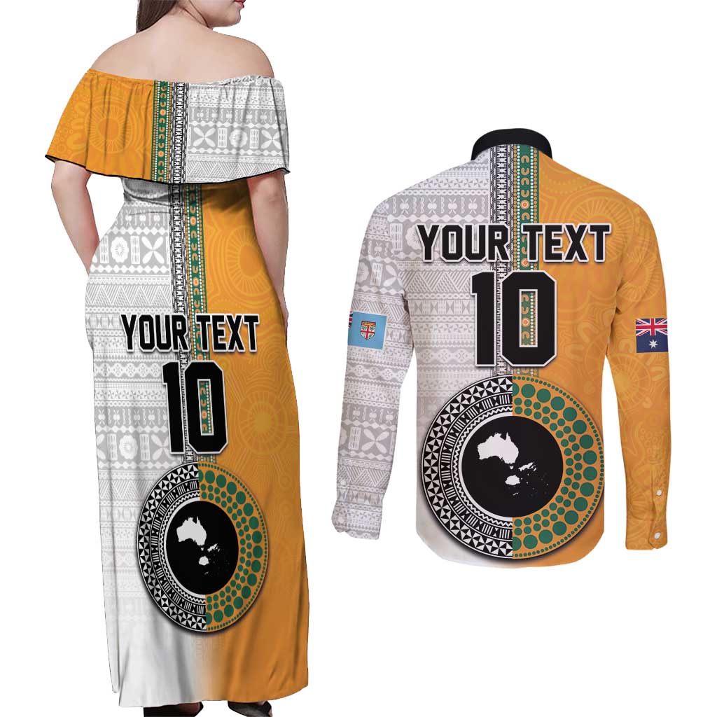 Custom Fiji and Australia Rugby Couples Matching Off Shoulder Maxi Dress and Long Sleeve Button Shirt Aboriginal and Fijian Masi Pattern LT03 - Polynesian Pride