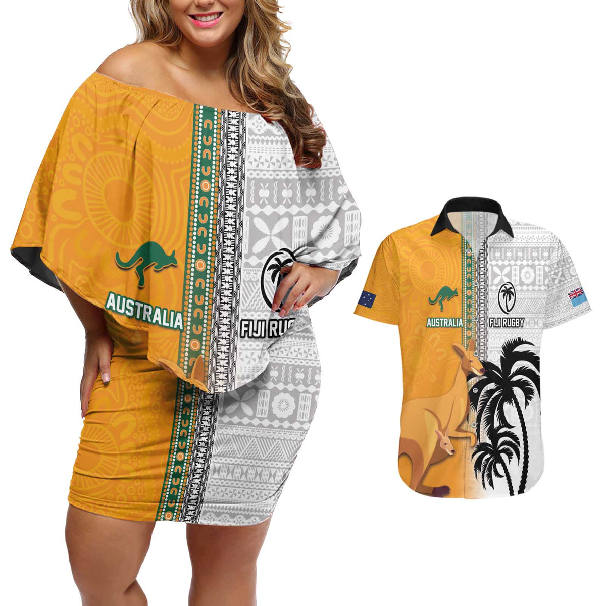 Custom Fiji and Australia Rugby Couples Matching Off Shoulder Short Dress and Hawaiian Shirt Aboriginal and Fijian Masi Pattern LT03 White - Polynesian Pride