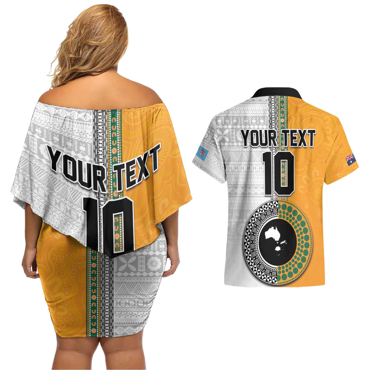 Custom Fiji and Australia Rugby Couples Matching Off Shoulder Short Dress and Hawaiian Shirt Aboriginal and Fijian Masi Pattern LT03 - Polynesian Pride
