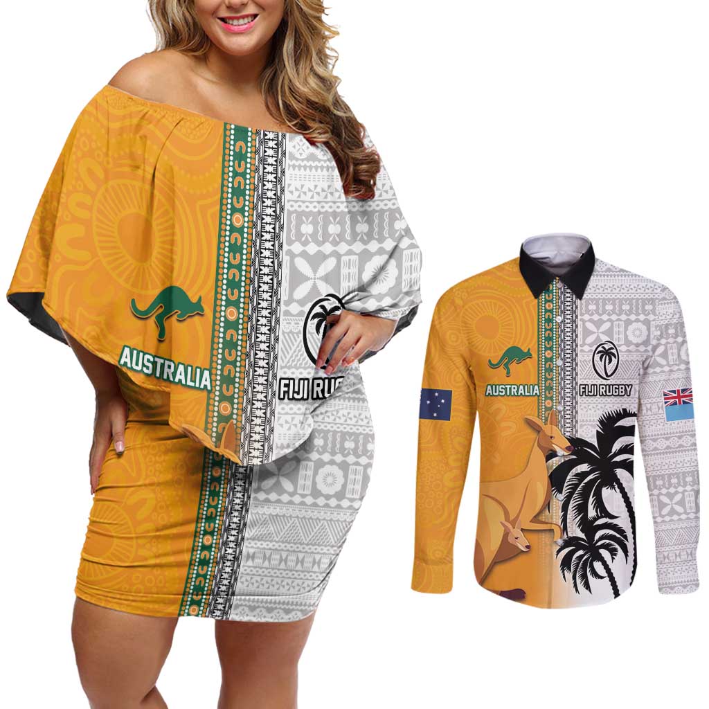 Custom Fiji and Australia Rugby Couples Matching Off Shoulder Short Dress and Long Sleeve Button Shirt Aboriginal and Fijian Masi Pattern LT03 White - Polynesian Pride