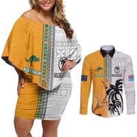 Custom Fiji and Australia Rugby Couples Matching Off Shoulder Short Dress and Long Sleeve Button Shirt Aboriginal and Fijian Masi Pattern LT03 White - Polynesian Pride