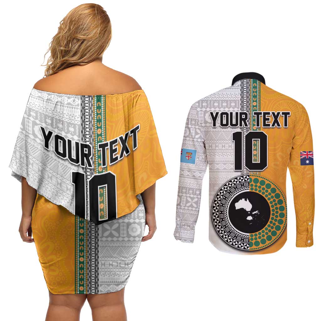 Custom Fiji and Australia Rugby Couples Matching Off Shoulder Short Dress and Long Sleeve Button Shirt Aboriginal and Fijian Masi Pattern LT03 - Polynesian Pride