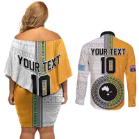 Custom Fiji and Australia Rugby Couples Matching Off Shoulder Short Dress and Long Sleeve Button Shirt Aboriginal and Fijian Masi Pattern LT03 - Polynesian Pride