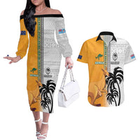 Custom Fiji and Australia Rugby Couples Matching Off The Shoulder Long Sleeve Dress and Hawaiian Shirt Aboriginal and Fijian Masi Pattern LT03 White - Polynesian Pride