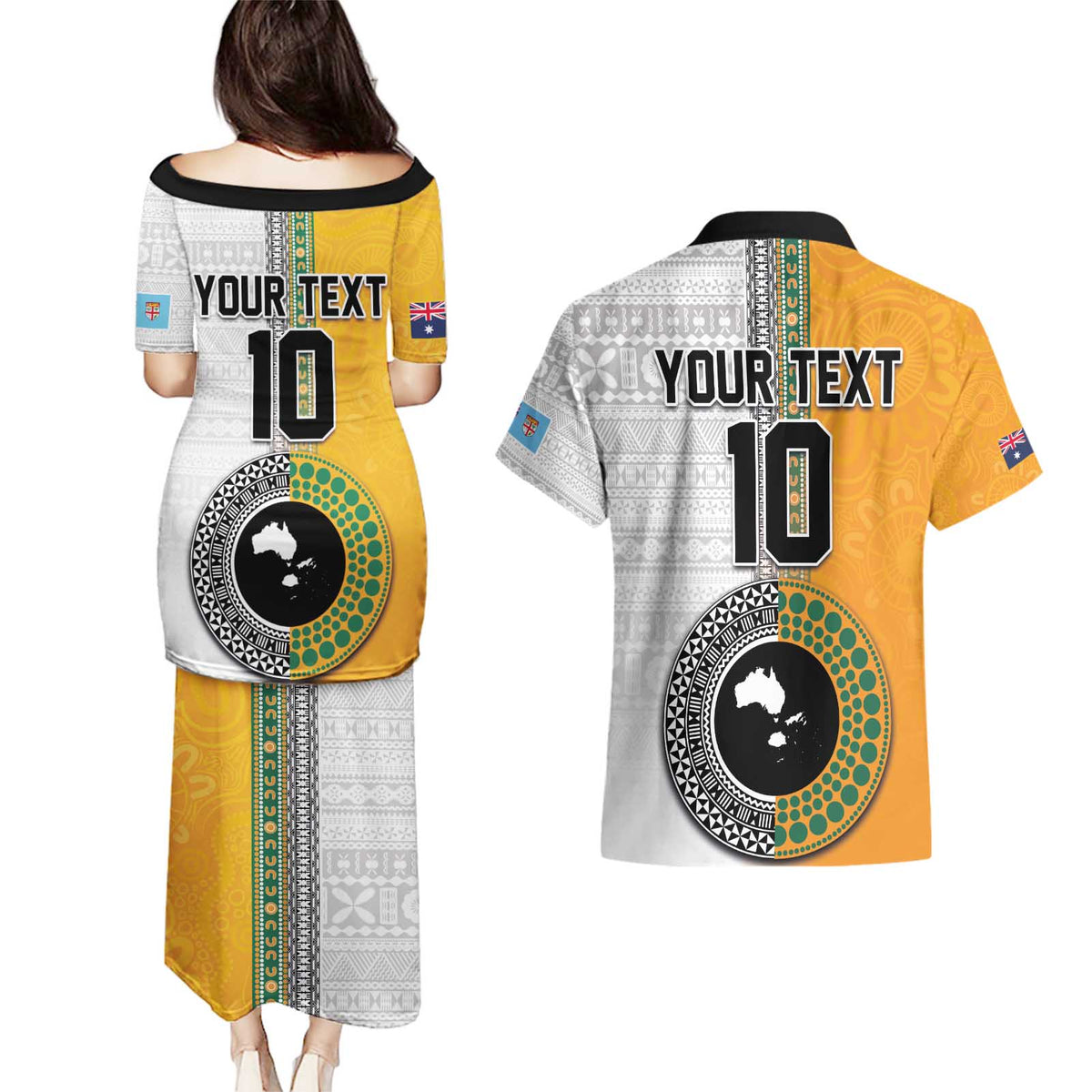 Custom Fiji and Australia Rugby Couples Matching Puletasi and Hawaiian Shirt Aboriginal and Fijian Masi Pattern LT03 - Polynesian Pride
