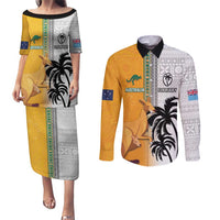 Custom Fiji and Australia Rugby Couples Matching Puletasi and Long Sleeve Button Shirt Aboriginal and Fijian Masi Pattern LT03 White - Polynesian Pride