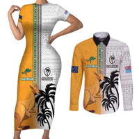Custom Fiji and Australia Rugby Couples Matching Short Sleeve Bodycon Dress and Long Sleeve Button Shirt Aboriginal and Fijian Masi Pattern LT03 White - Polynesian Pride