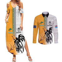 Custom Fiji and Australia Rugby Couples Matching Summer Maxi Dress and Long Sleeve Button Shirt Aboriginal and Fijian Masi Pattern LT03 White - Polynesian Pride