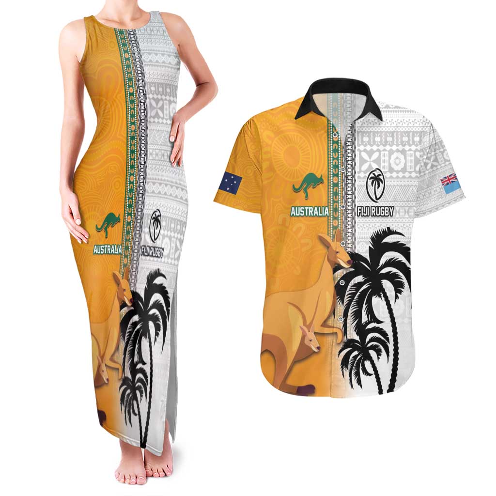 Custom Fiji and Australia Rugby Couples Matching Tank Maxi Dress and Hawaiian Shirt Aboriginal and Fijian Masi Pattern LT03 White - Polynesian Pride