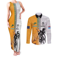 Custom Fiji and Australia Rugby Couples Matching Tank Maxi Dress and Long Sleeve Button Shirt Aboriginal and Fijian Masi Pattern LT03 White - Polynesian Pride