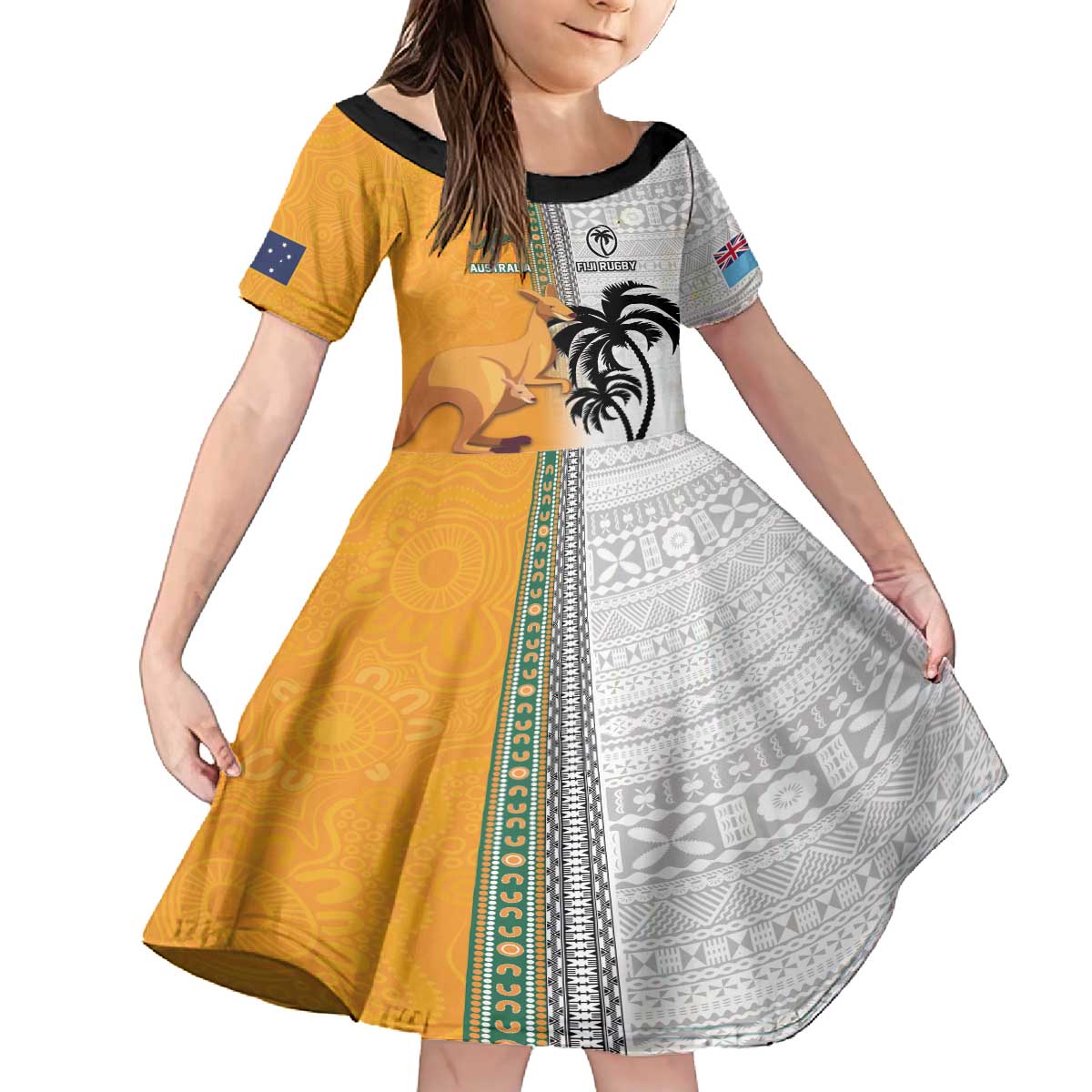 Custom Fiji and Australia Rugby Family Matching Off The Shoulder Long Sleeve Dress and Hawaiian Shirt Aboriginal and Fijian Masi Pattern LT03 Daughter's Dress White - Polynesian Pride