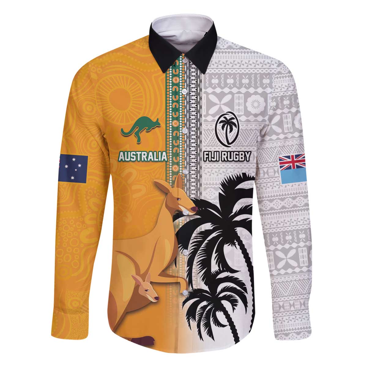 Custom Fiji and Australia Rugby Family Matching Off The Shoulder Long Sleeve Dress and Hawaiian Shirt Aboriginal and Fijian Masi Pattern LT03 Dad's Shirt - Long Sleeve White - Polynesian Pride
