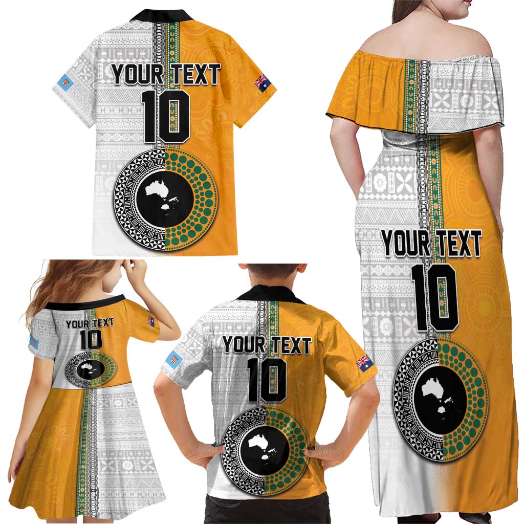 Custom Fiji and Australia Rugby Family Matching Off Shoulder Maxi Dress and Hawaiian Shirt Aboriginal and Fijian Masi Pattern LT03 - Polynesian Pride