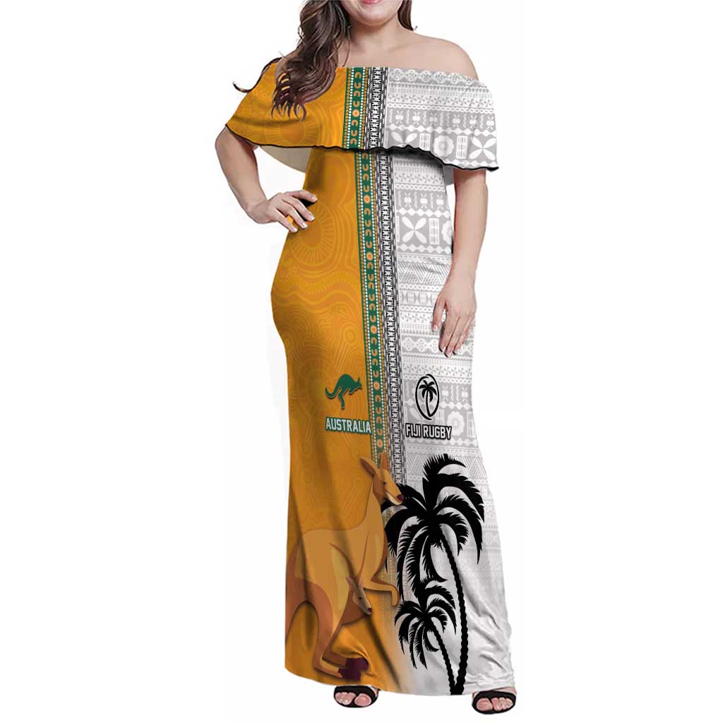 Custom Fiji and Australia Rugby Family Matching Off Shoulder Maxi Dress and Hawaiian Shirt Aboriginal and Fijian Masi Pattern LT03 Mom's Dress White - Polynesian Pride
