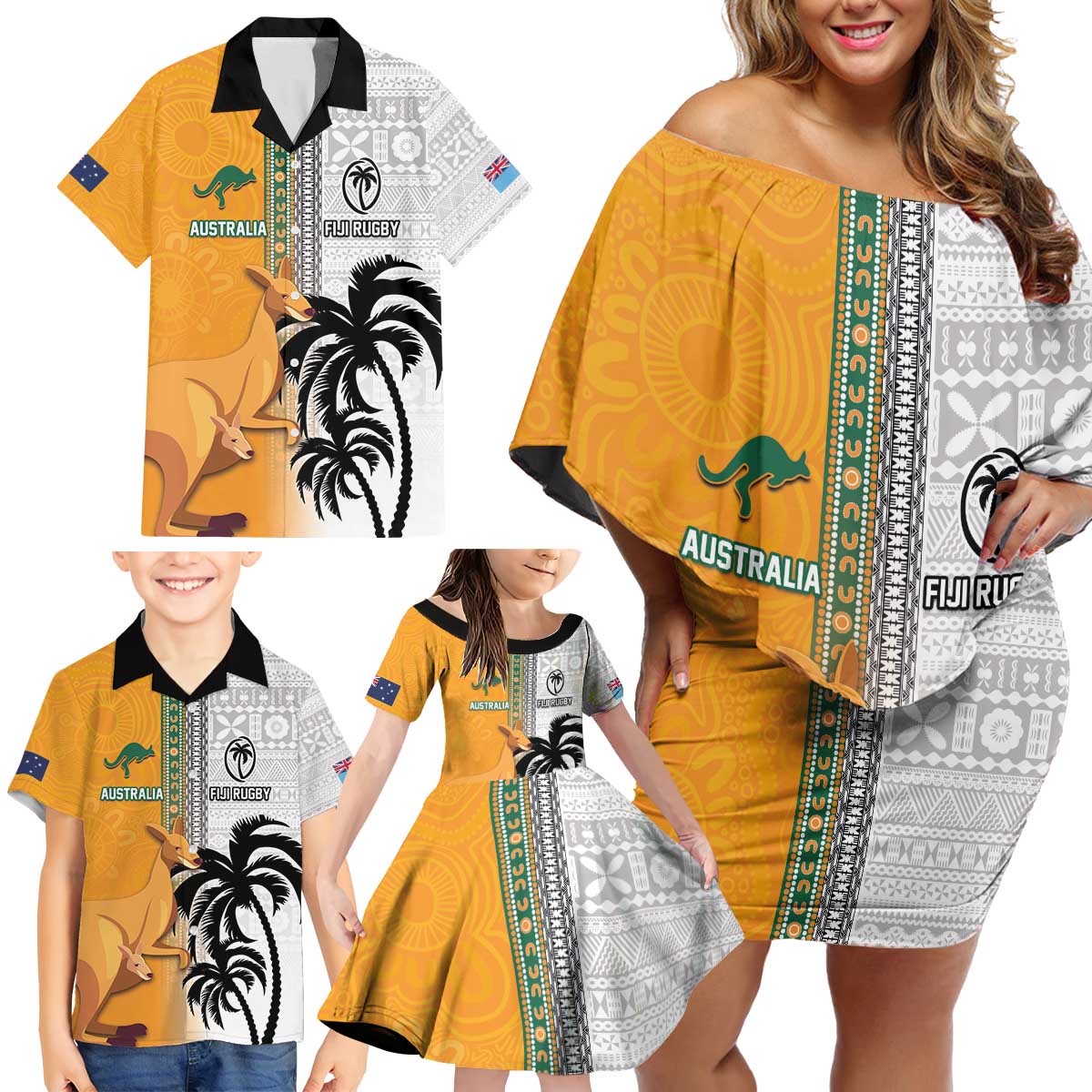Custom Fiji and Australia Rugby Family Matching Off Shoulder Short Dress and Hawaiian Shirt Aboriginal and Fijian Masi Pattern LT03 - Polynesian Pride