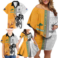 Custom Fiji and Australia Rugby Family Matching Off Shoulder Short Dress and Hawaiian Shirt Aboriginal and Fijian Masi Pattern LT03 - Polynesian Pride