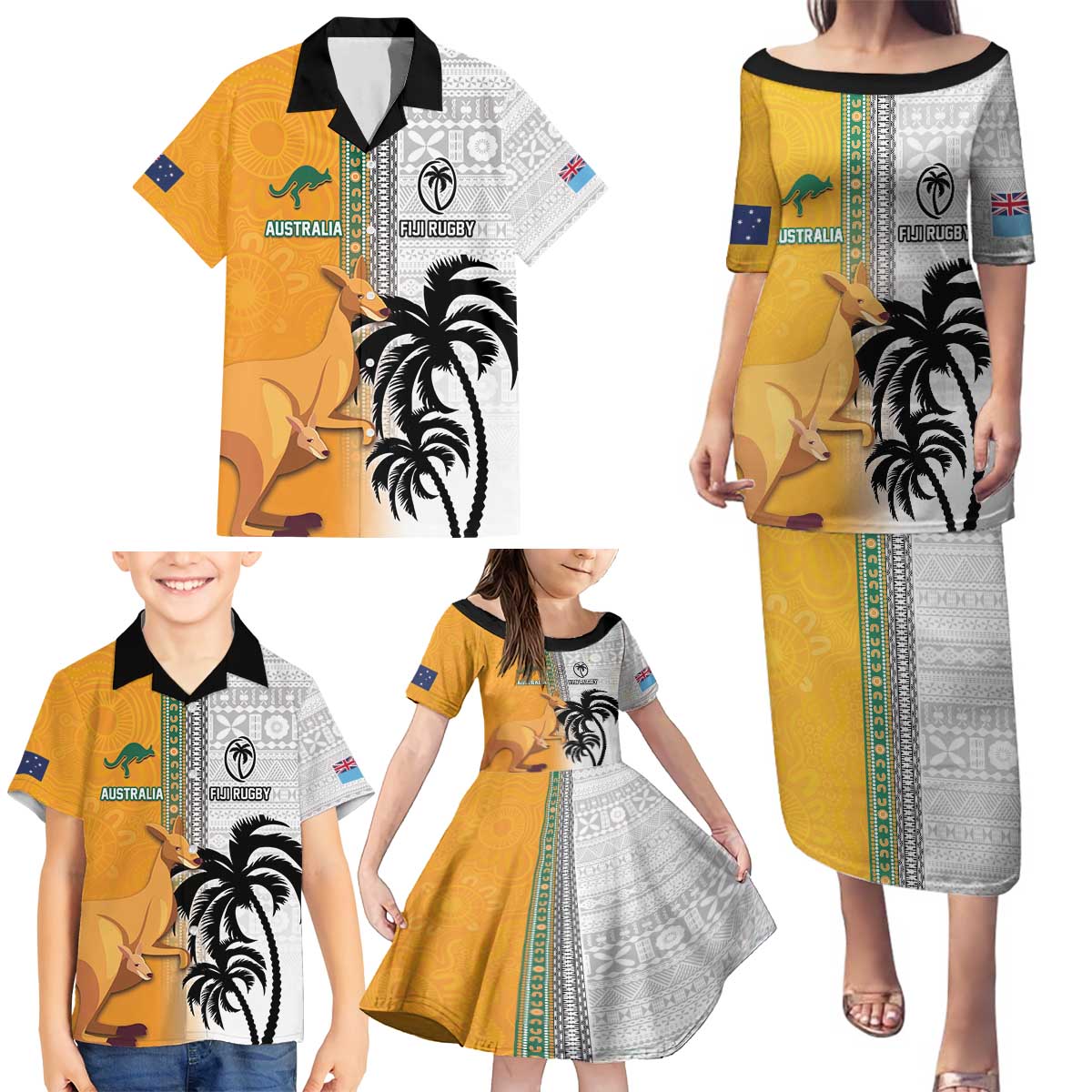 Custom Fiji and Australia Rugby Family Matching Puletasi and Hawaiian Shirt Aboriginal and Fijian Masi Pattern LT03 - Polynesian Pride