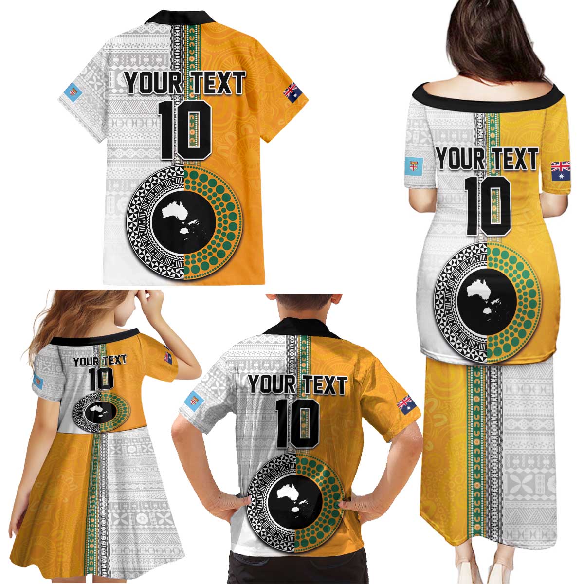 Custom Fiji and Australia Rugby Family Matching Puletasi and Hawaiian Shirt Aboriginal and Fijian Masi Pattern LT03 - Polynesian Pride