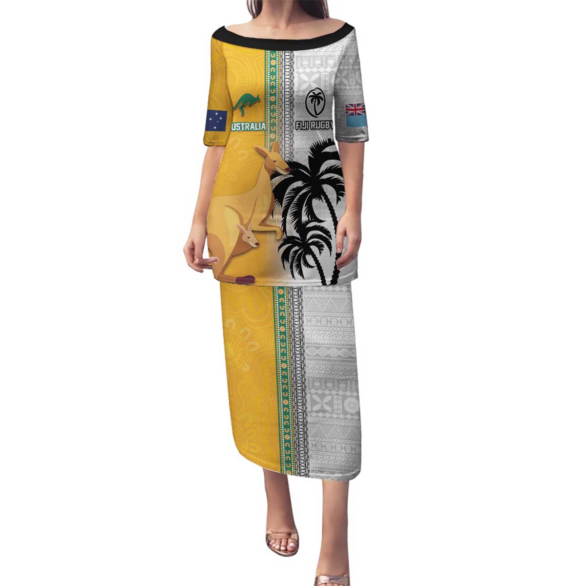 Custom Fiji and Australia Rugby Family Matching Puletasi and Hawaiian Shirt Aboriginal and Fijian Masi Pattern LT03 Mom's Dress White - Polynesian Pride