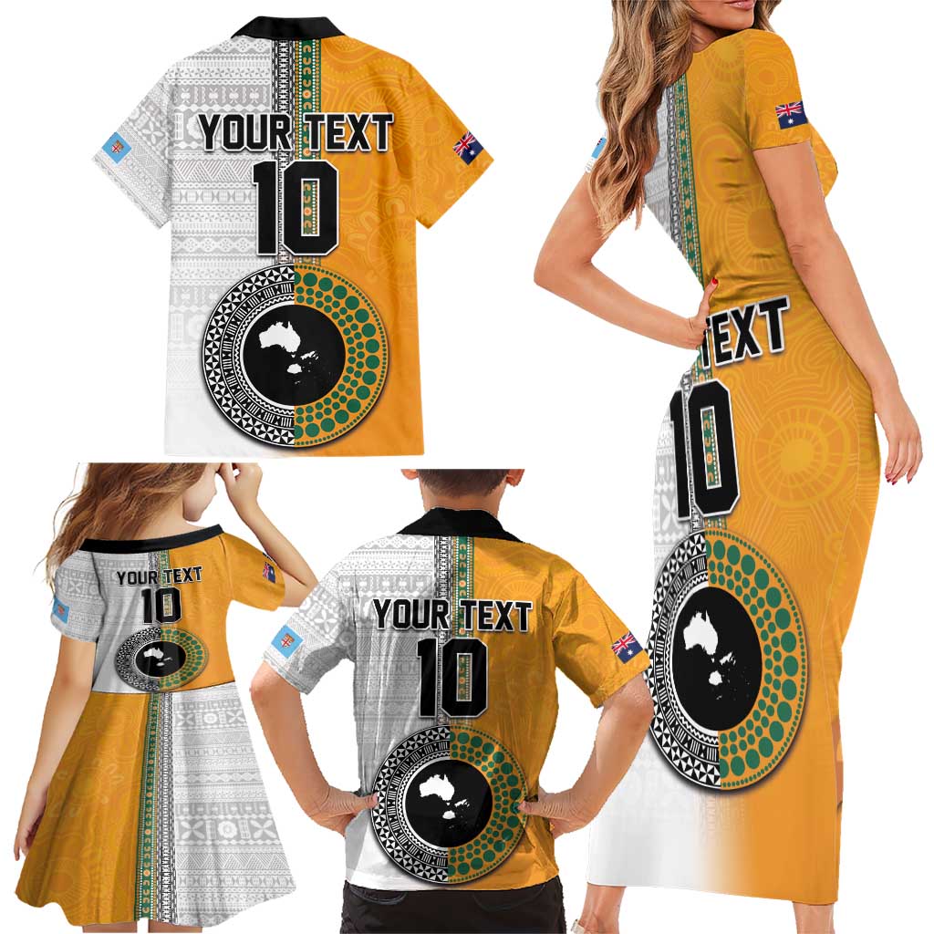 Custom Fiji and Australia Rugby Family Matching Short Sleeve Bodycon Dress and Hawaiian Shirt Aboriginal and Fijian Masi Pattern LT03 - Polynesian Pride