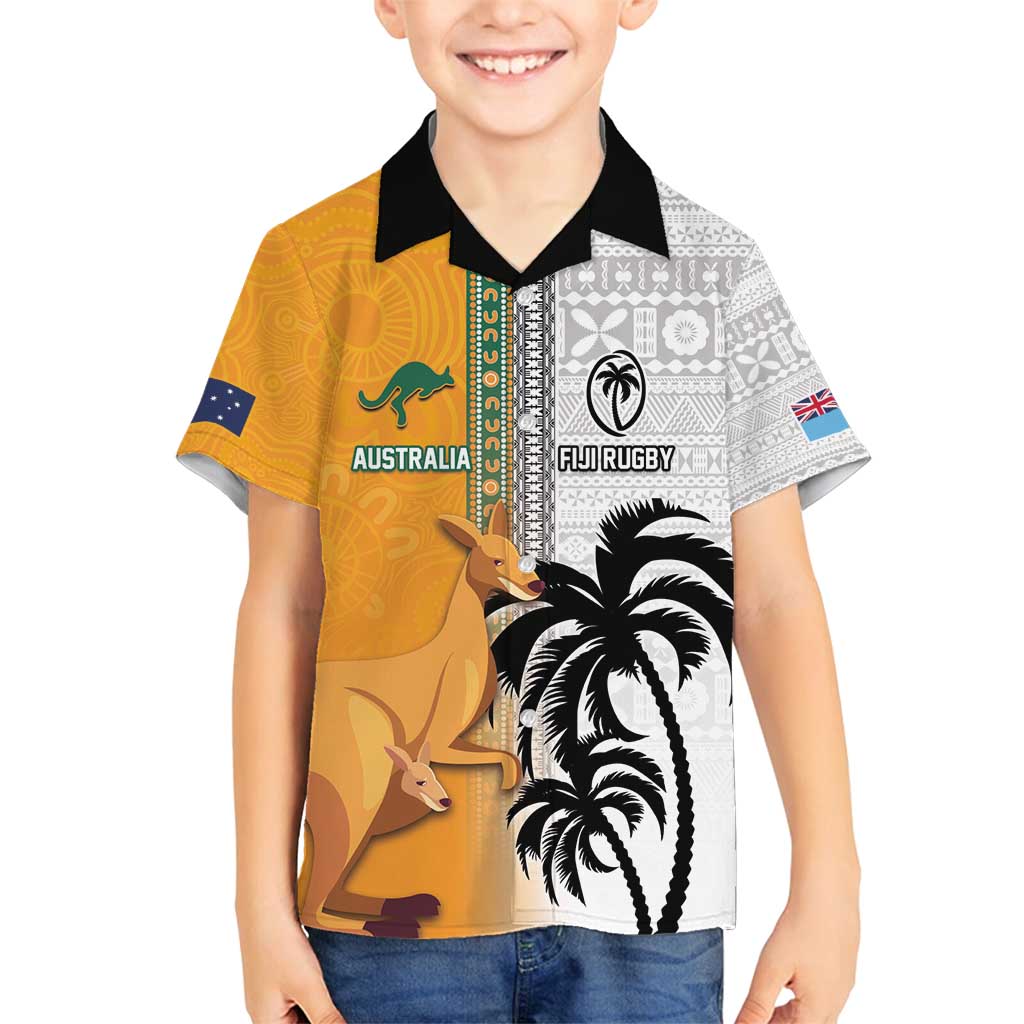 Custom Fiji and Australia Rugby Family Matching Summer Maxi Dress and Hawaiian Shirt Aboriginal and Fijian Masi Pattern LT03 Son's Shirt White - Polynesian Pride