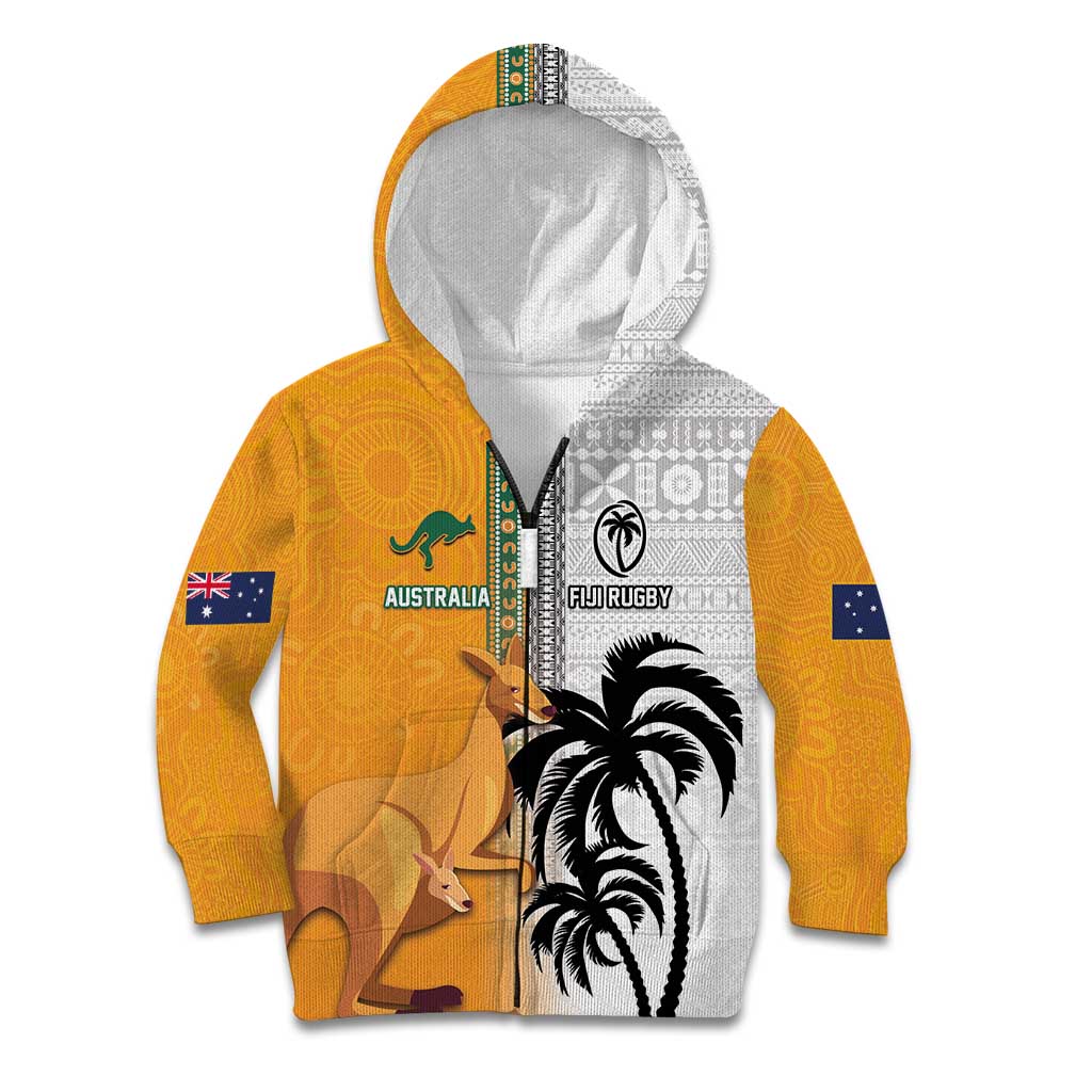 Custom Fiji and Australia Rugby Kid Hoodie Aboriginal and Fijian Masi Pattern