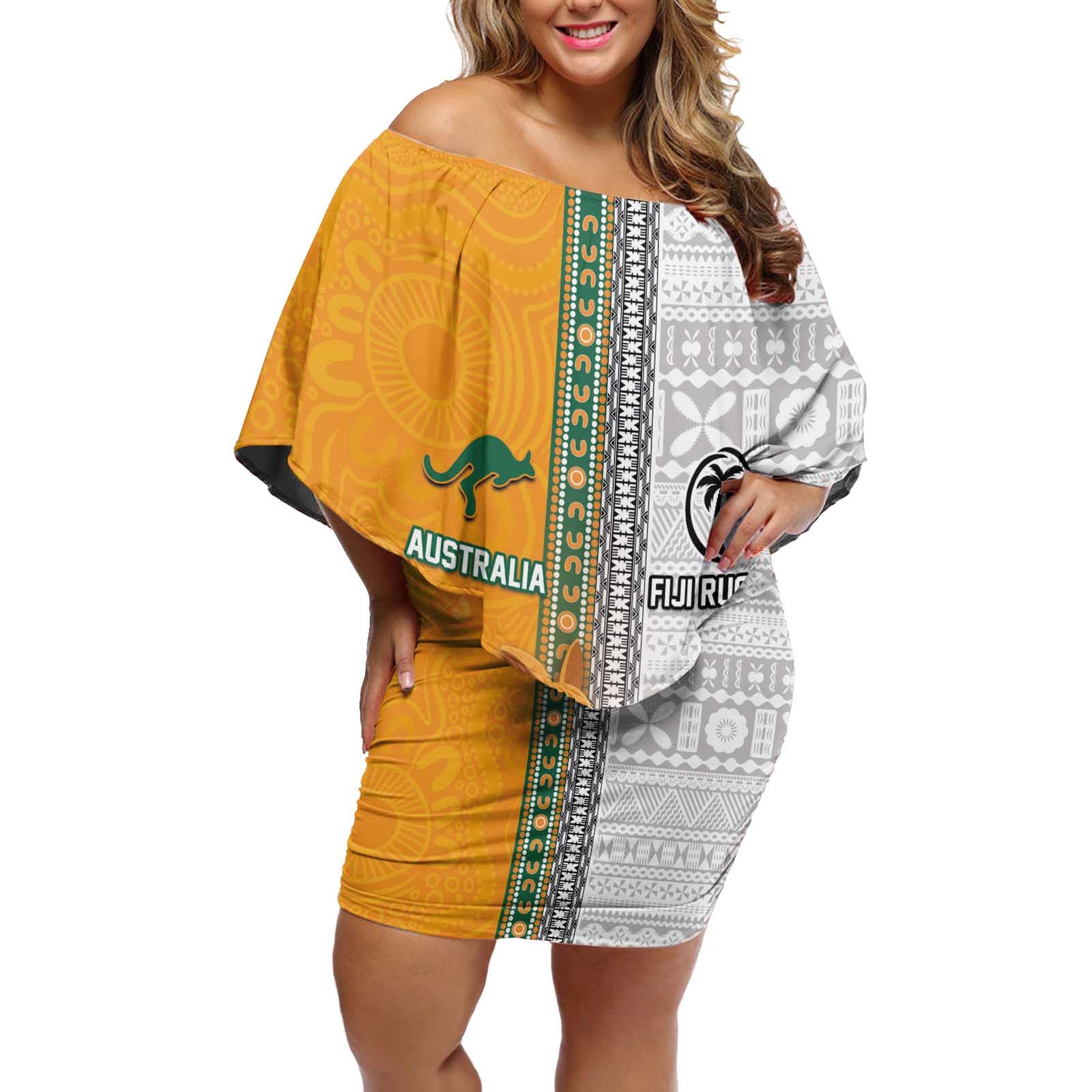 Custom Fiji and Australia Rugby Off Shoulder Short Dress Aboriginal and Fijian Masi Pattern