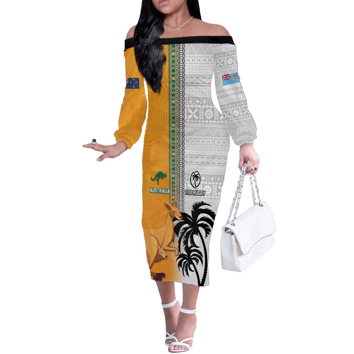 Custom Fiji and Australia Rugby Off The Shoulder Long Sleeve Dress Aboriginal and Fijian Masi Pattern LT03 Women White - Polynesian Pride
