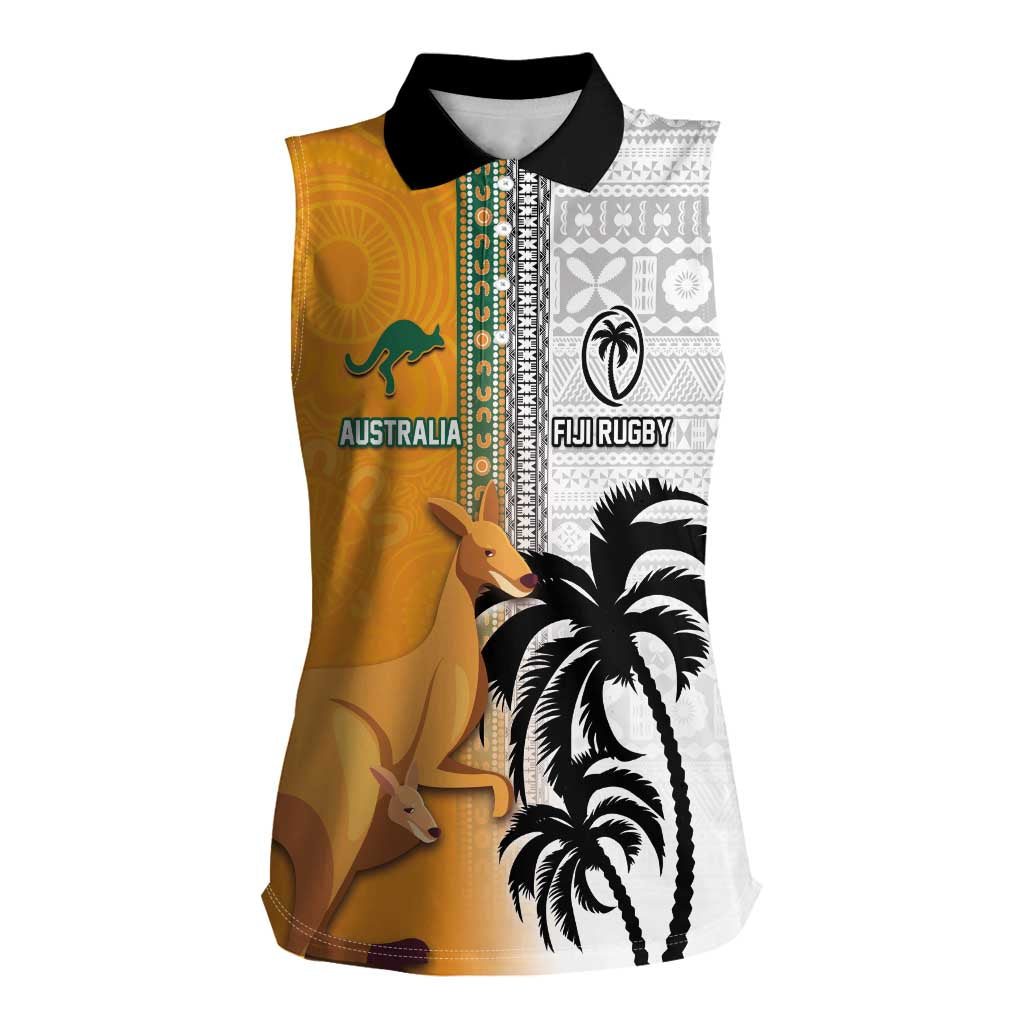 Custom Fiji and Australia Rugby Women Sleeveless Polo Shirt Aboriginal and Fijian Masi Pattern LT03 Female White - Polynesian Pride