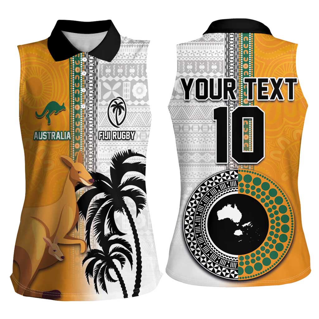 Custom Fiji and Australia Rugby Women Sleeveless Polo Shirt Aboriginal and Fijian Masi Pattern LT03 - Polynesian Pride