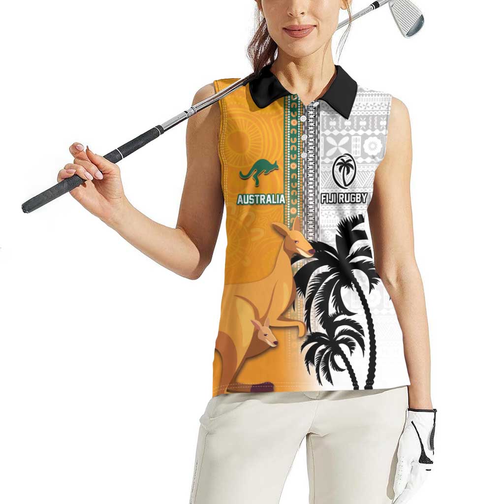 Custom Fiji and Australia Rugby Women Sleeveless Polo Shirt Aboriginal and Fijian Masi Pattern LT03 - Polynesian Pride