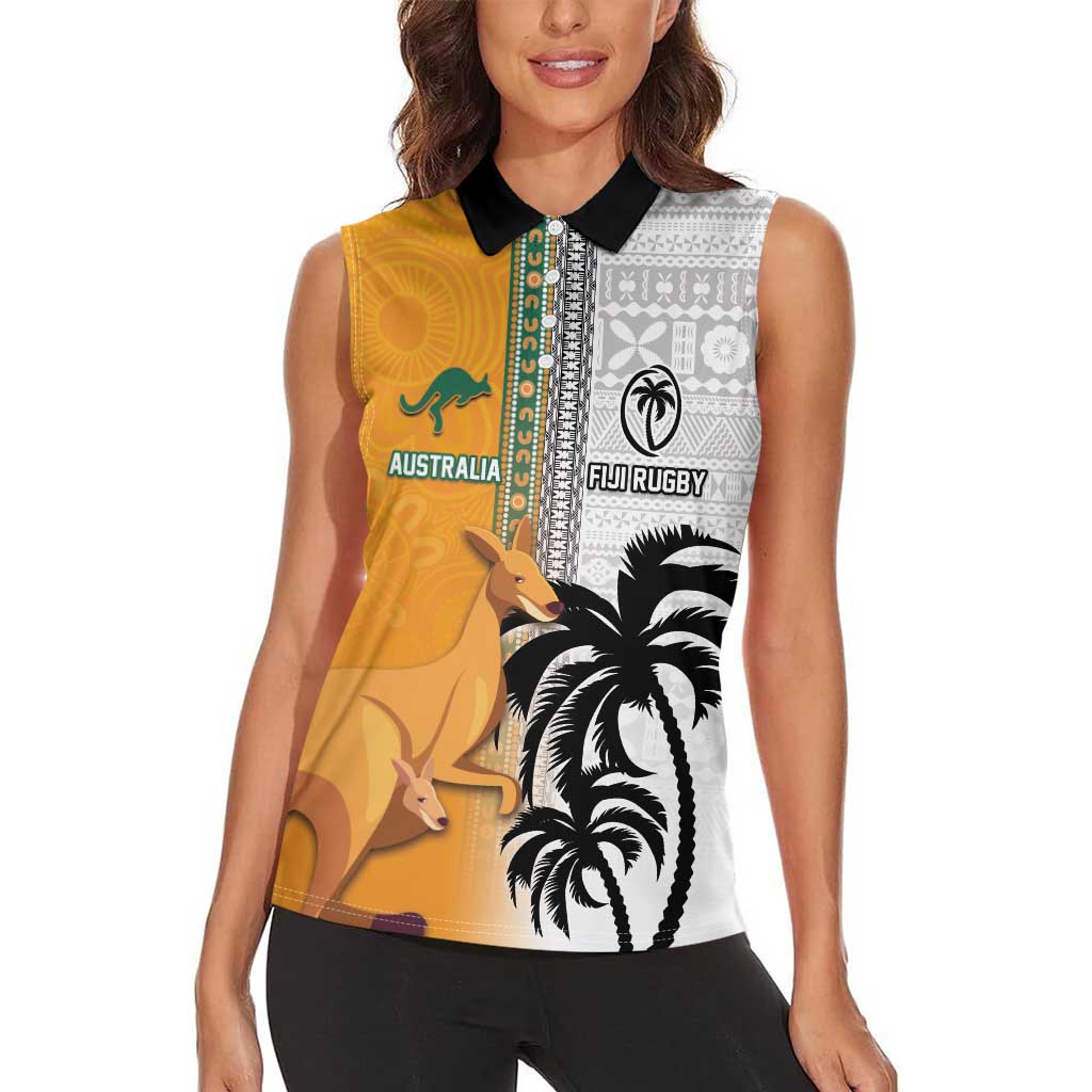Custom Fiji and Australia Rugby Women Sleeveless Polo Shirt Aboriginal and Fijian Masi Pattern LT03 - Polynesian Pride