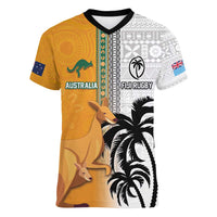 Custom Fiji and Australia Rugby Women V-Neck T-Shirt Aboriginal and Fijian Masi Pattern LT03 Female White - Polynesian Pride