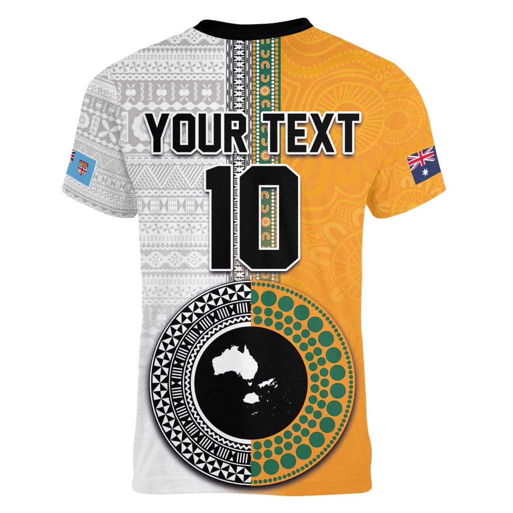 Custom Fiji and Australia Rugby Women V-Neck T-Shirt Aboriginal and Fijian Masi Pattern LT03 - Polynesian Pride
