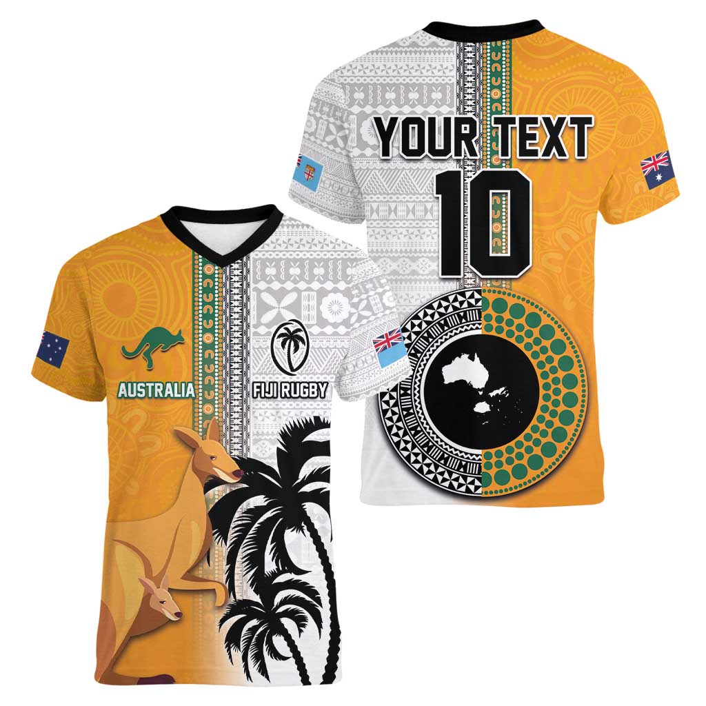 Custom Fiji and Australia Rugby Women V-Neck T-Shirt Aboriginal and Fijian Masi Pattern LT03 - Polynesian Pride