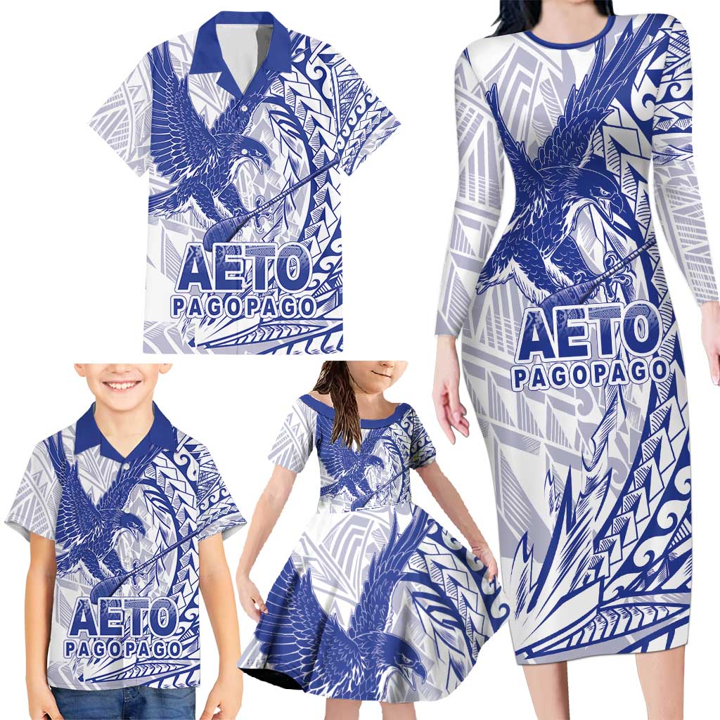 American Samoa Pago Pago Aeto Family Matching Long Sleeve Bodycon Dress and Hawaiian Shirt Wingstyle Blue-White Color LT03 - Polynesian Pride