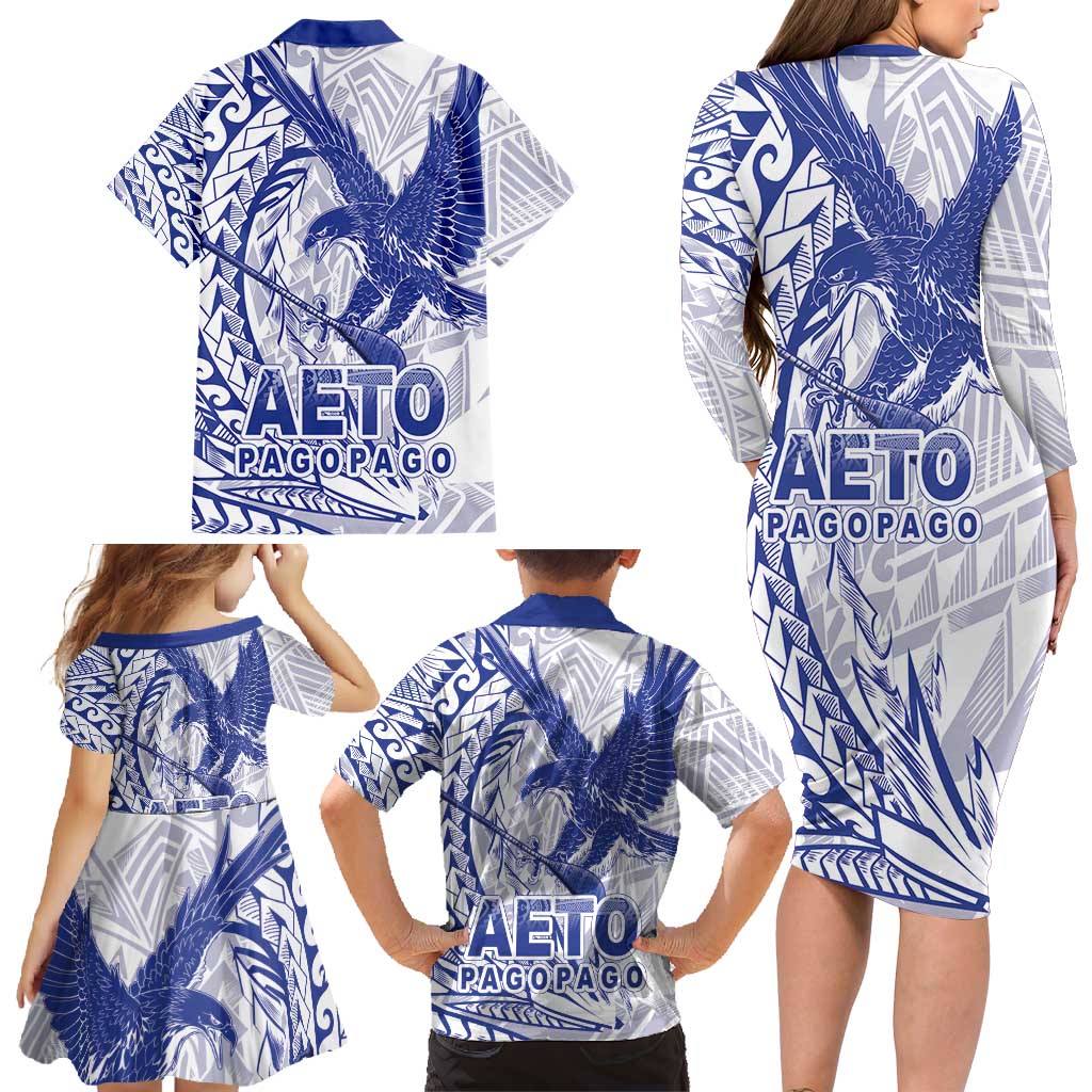 American Samoa Pago Pago Aeto Family Matching Long Sleeve Bodycon Dress and Hawaiian Shirt Wingstyle Blue-White Color LT03 - Polynesian Pride