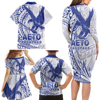 American Samoa Pago Pago Aeto Family Matching Long Sleeve Bodycon Dress and Hawaiian Shirt Wingstyle Blue-White Color LT03 - Polynesian Pride