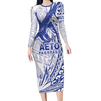 American Samoa Pago Pago Aeto Family Matching Long Sleeve Bodycon Dress and Hawaiian Shirt Wingstyle Blue-White Color LT03 Mom's Dress White - Polynesian Pride