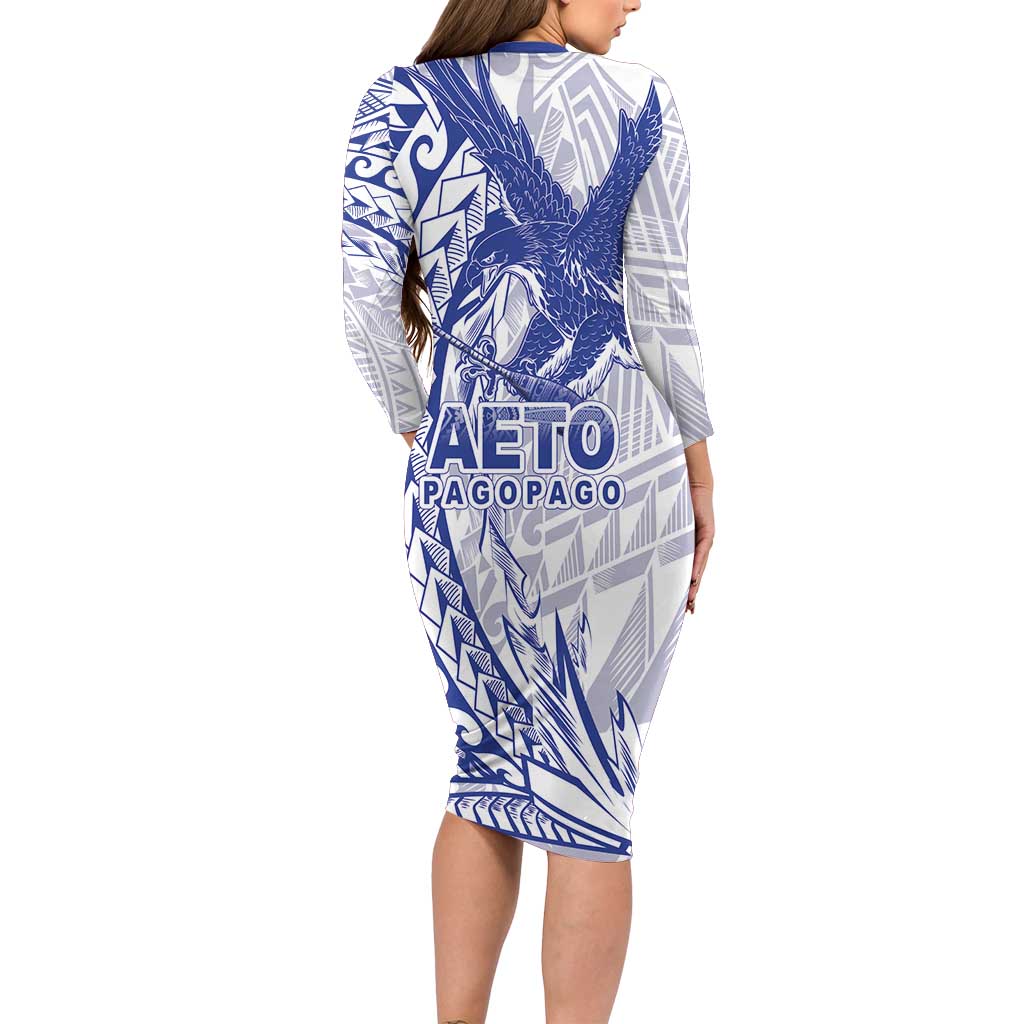American Samoa Pago Pago Aeto Family Matching Long Sleeve Bodycon Dress and Hawaiian Shirt Wingstyle Blue-White Color LT03 - Polynesian Pride