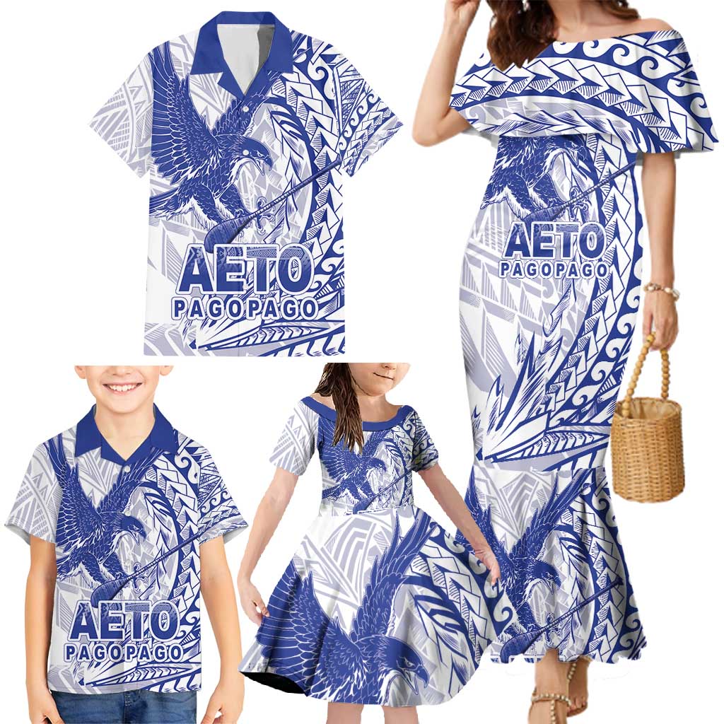 American Samoa Pago Pago Aeto Family Matching Mermaid Dress and Hawaiian Shirt Wingstyle Blue-White Color LT03 - Polynesian Pride