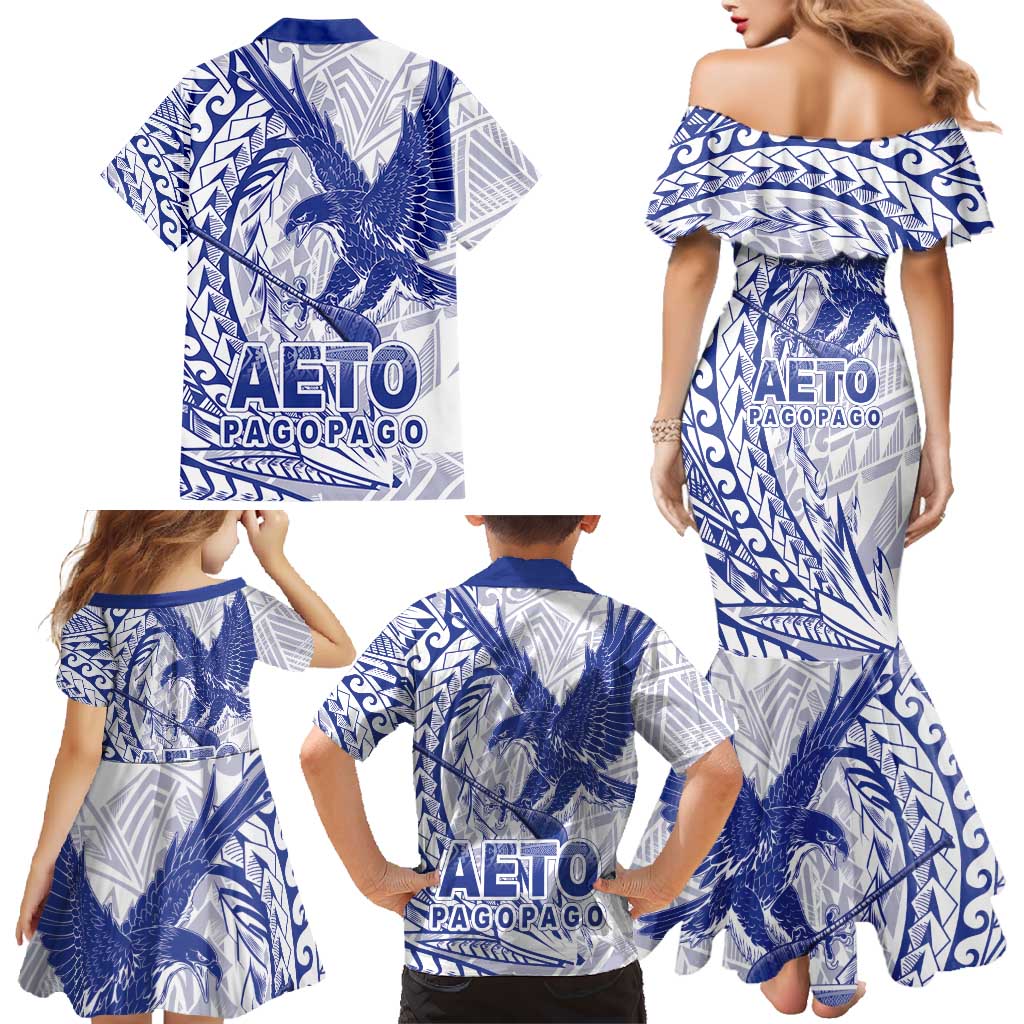American Samoa Pago Pago Aeto Family Matching Mermaid Dress and Hawaiian Shirt Wingstyle Blue-White Color LT03 - Polynesian Pride
