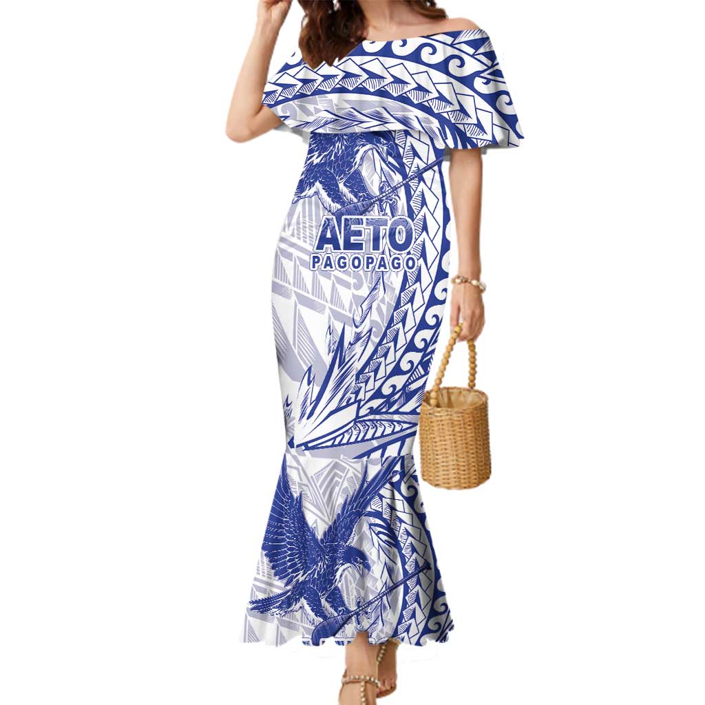 American Samoa Pago Pago Aeto Family Matching Mermaid Dress and Hawaiian Shirt Wingstyle Blue-White Color LT03 Mom's Dress White - Polynesian Pride
